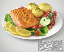 3d-модель Жареная рыба с картофелем и овощами