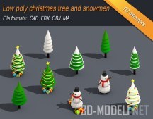3d-модель Рождественские елки и снеговик Low-Poly