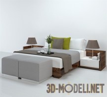 3d-модель Деревянная кровать с большим пуфом