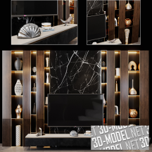 3d-модель Темная ТВ-стенка с аксессуарами и декором