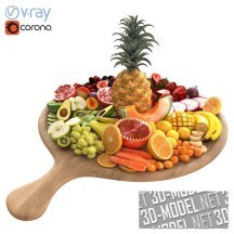 3d-модель Ягоды и фрукты на деревянной доске