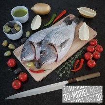 3d-модель Свежая рыба и кухонные аксессуары