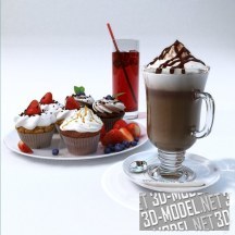3d-модель Кофе латте, сок и маффины