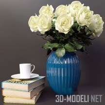 Розы в синей вазе, книги и чашка
