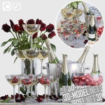 3d-модель Декоративный сет с розами и шампанским
