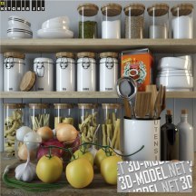 3d-модель Посуда, овощи и сыпучие продукты на полках