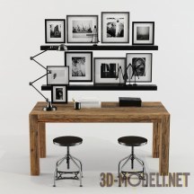 3d-модель Деревянный стол с табуретами и фотографиями