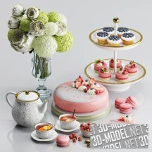 3d-модель Чай, десерты и букет