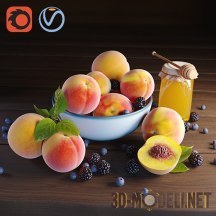 Яркий натюрморт из персиков, мёда и ягод
