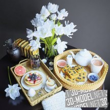 3d-модель Плетеные подносы с завтраком и белые тюльпаны