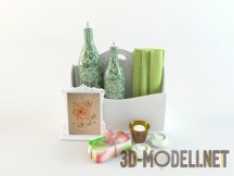 3d-модель Декоративные бутылки, свечи и картина в белой раме