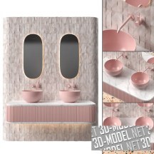 3d-модель Спаренный умывальник, тумба и зеркала в розовых тонах