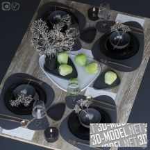 3d-модель Сервировка с черной посудой и зелеными яблоками