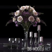3d-модель Букет с розами, свечи и посуда