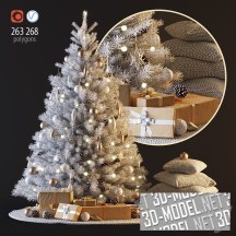 3d-модель Сет с белой новогодней елью и вязаными подушками