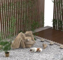 Фрагмент для сада, с бамбуком и собакой