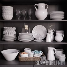 3d-модель Белая посуда и плетеный поднос