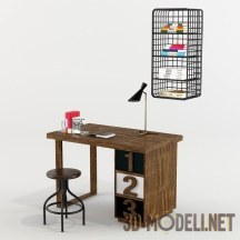 3d-модель Рабочий стол с табуретом и сеткой для бумаг