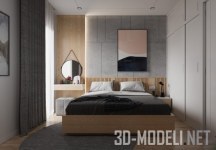 3d-модель Интерьер спальни с отделкой светлым деревом