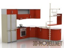 3d-модель Современная кухня с красными фасадами и баром
