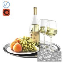 3d-модель Поднос с белым вином, виноградом и персиками