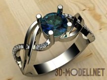3d-модель Женское кольцо из белого металла с синим камнем