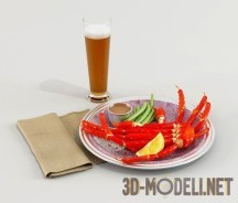 3d-модель Бокал с пивом и краб на тарелке