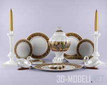 3d-модель Фарфоровый сервиз, лебеди и свечи