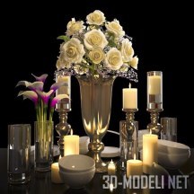 3d-модель Сервировка со свечами и розами в мельхиоровой вазе