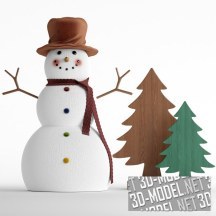 3d-модель Деревянные елки и снеговик в шляпе