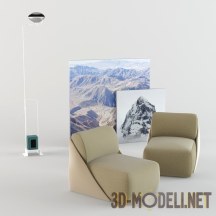 Пара современных кресел, напольный светильник и две картины