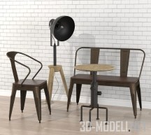 Скамья, стол, стул и торшер