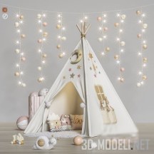 3d-модель Палатка «White Teepee Tent» с игрушками и декором
