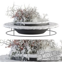 3d-модель Засыпанная снегом круглая клумба с кустами и скамейкой