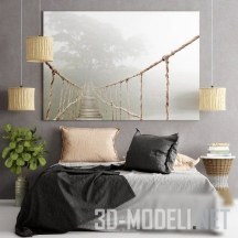 3d-модель Кровать с плетеным столиком и подвесами