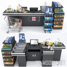 3d-модель Касса в супермаркете, с тележкой и продуктами
