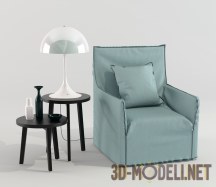 3d-модель Кресло, пара столов и светильник