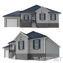3d-модель Одноэтажный коттедж с двускатной крышей