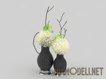 3d-модель Черные вазы с рельефом, с ветками и шарами
