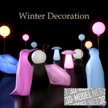 3d-модель Зимние декорации - грибы и пингвины