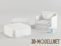 3d-модель Белое кресло и два пуфа