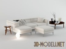3d-модель Белый угловой диван с круглыми столиками