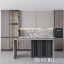 3d-модель Кухня с островной секцией и встроенной техникой