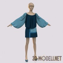 3d-модель Синее платье с рукавами