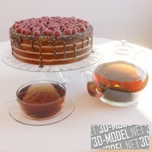 3d-модель Чай и шоколадный торт с малиной