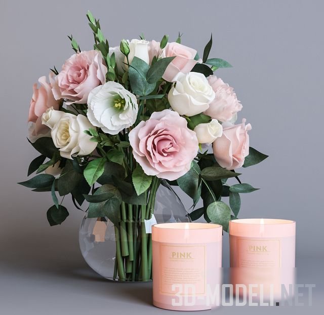 3D модель – Букет и розовые свечи