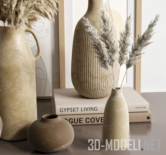 3D модель – Ваза с папмасной травой, картины, корзина