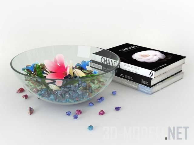 Стеклянная чаша с самоцветами и книги