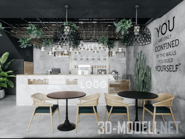 3D cцена – Интерьер кафе, с растениями