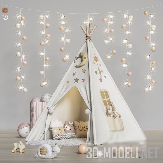 Палатка «White Teepee Tent» с игрушками и декором